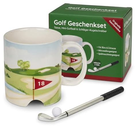 MIJOMA Juego de regalo de golf – Taza de cerámica con mini juego de golf y bolígrafo – Regalo divertido para la oficina, café, escritorio y pequeños descansos