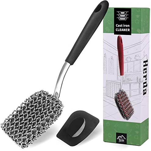 Kit de limpieza de hierro fundido, limpiador de malla de cadena + raspador de sartén, mango largo, cepillo de cadena de acero 316 para limpiar sartén, sartén, parrilla, parrilla, cepillo de metal para