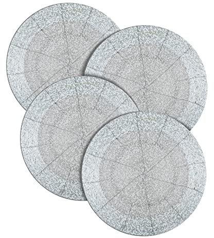 Handmade Beaded Placemats Charger 13 Inch Round Set of 4 - Beautiful Fancy Elegant Decorative Glitz Table Mat for Dining Table Décor, Farmhouse, Wedding, Party, Easter & Everyday Use - White Silver