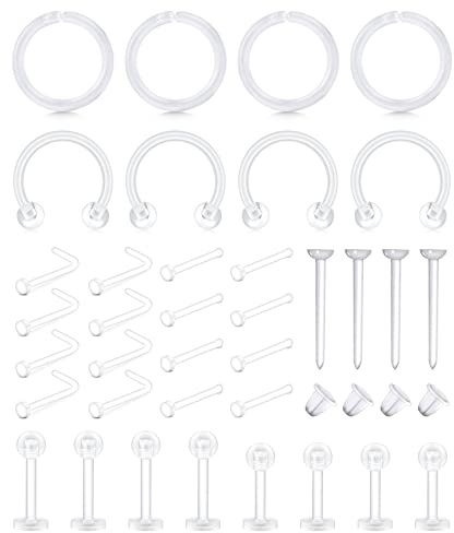 JFORYOU Klare Nasenringe Stecker für Arbeit Plastik Klare Piercing Retainer Set Für Nase Septum Lippe Labret Helix Rook Daith Knorpel Zunge Nippel Industrielle Bauch Piercing Schmuck