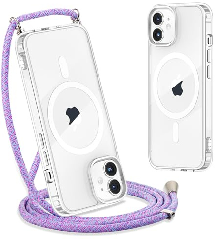 Yoedge Handykette für iPhone 12/iPhone 12 Pro Hülle mit Band 6,1,Transparente Magnetisch Handyhülle[Kompatibel mit Magsafe],Schlank Silikon TPU Stoßfest Schutzhülle mit Kordel zum Umhängen,Regenbogen