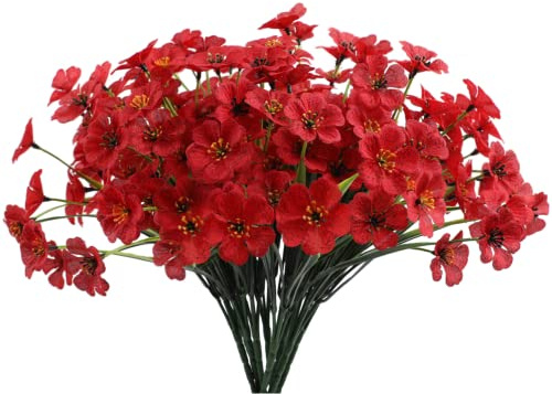 CLoxks 12 Bundles Artificial Flowers Outdoor,UV Resistant Fake Flowers No Fade Faux Plants Arrangement for Indoor Outdoors Garden Porch Window Box Decor,Red