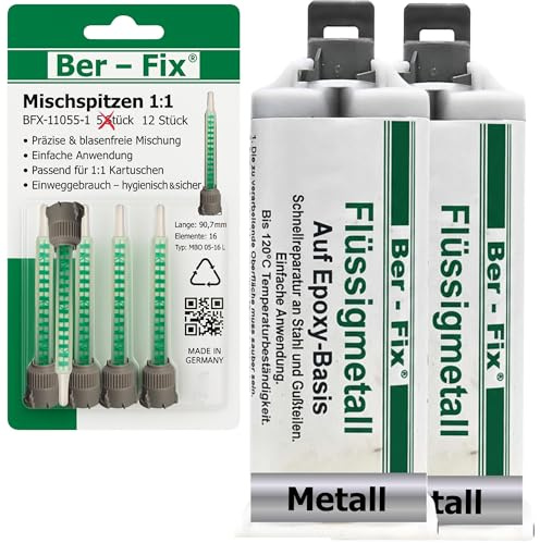 Ber-Fix Flüssigmetall Epoxidkleber 2x50g + 12 Mischdüsen metallgefüllt 50g | Flüssigmetall Epoxidkleber 2x50g + 12 Mischdüsen metallgefüllt 50g: Flüssigmetall für metallähnliches Füllen