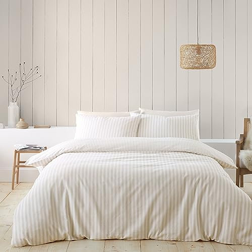 Catherine Lansfield Brushed Cotton Stripe Reversible Double Duvet Cover Set with Pillowcases Natural