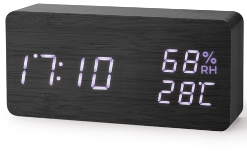 Virklyee Wecker aus Holz digital Würfel Uhr Digitaler Wecker mit LED Temperaturanzeige,12/24HR,3 Stufen einstellbar Helligkeit, mit USB-Ladeanschluss (Rechteck Schwarz)