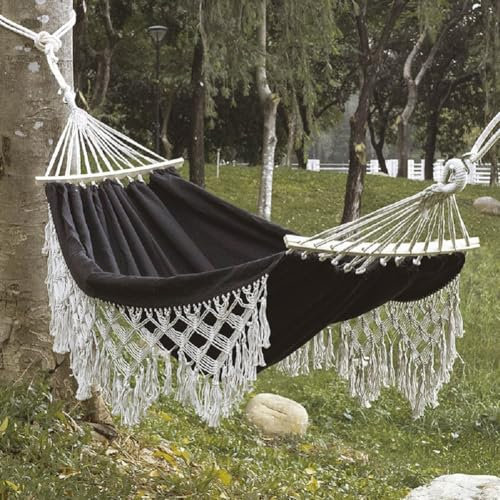 JUNYFFF Hängematte Outdoor Baumwolle 300 X 150 cm, Doppelhängematte Stabhängematte Für Indoor Outdoor Balkon Garten Camping Strand, Tragbar Und Atmungsaktiv, 300Kg Tragkraft,Schwarz