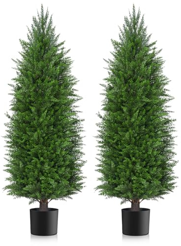 AOKIIE Plantas artificiales de cedro topiario de 4 pies para exteriores, pinos sintéticos, resistentes a los rayos UV y en maceta, arbustos falsos de 48 pulgadas de alto de hoja perenne para