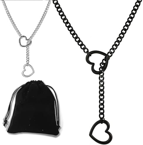 Oveallgo Love Shackles Necklace, Loveshackles - Heart Slip Chain, Heart O-Ring Slip Chain Necklace Handmade Punk Gothic Cuban Necklace (Black, Medium)