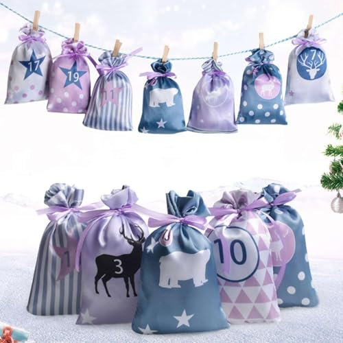 Adventskalender zum Befüllen 2024-24 Adventstüten (mit Holzklammern) zum Basteln für Weihnachten - Papier Weihnachtstüten mit Zahlenaufkleber Adventkalender, Erwachsene (Lila)