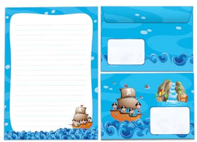 Briefpapier-Set Briefblock mit Umschlag für Mädchen Jungen Kindermotiv Piraten Briefbögenblock liniert (Block A5 mit 25 Blätter + 15 Umschläge)