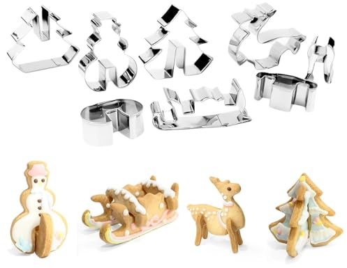 EIH1 Set de 8 moldes de galletas de Navidad, moldes de acero inoxidable 3D para galletas de Navidad, moldes de galletas de Navidad para decoración de galletas pasteles bizcochos pastelería