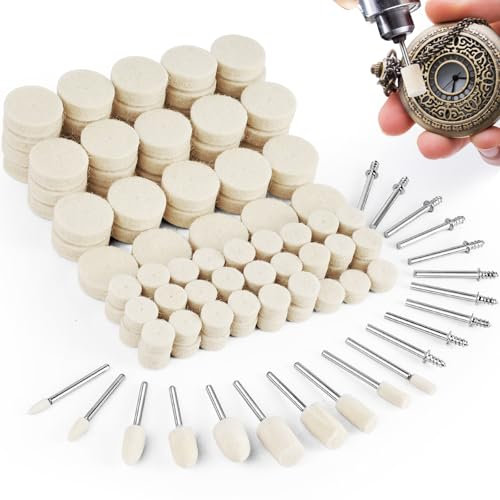 Celepoir 120 Piezas Ruedas de Pulir Set, 4 Formas Ruedas de Pulir de Lana, Disco de Fieltro para Pulidor con Vástago de 1/8, Rueda de Pulidor de Lana para Relojes, Joyas, Metales, Piedras