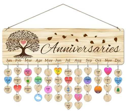 arricraft 1pcs en bois famille anniversaire rappel Calendar Board arbre de vie calendrier d'anniversaire avec 100 étiquettes de date pour Saint-Valentin porte mur suspendu décoration 40x12cm