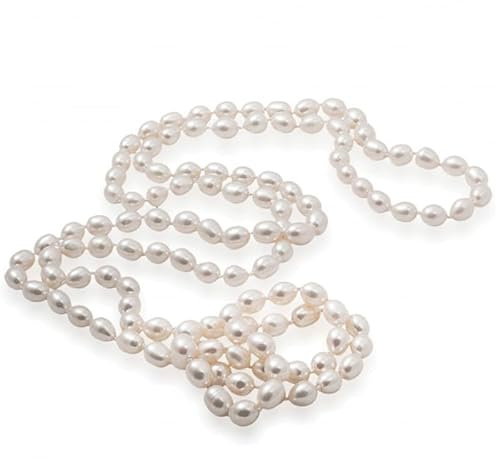Gaura Perlenkette Damen – Weiße ovale Süßwasserperlen 6–6,5 mm • 120 cm Rope-Länge • Handgefertigter Perlenschmuck • Zeitlos elegant & vielseitig tragbar