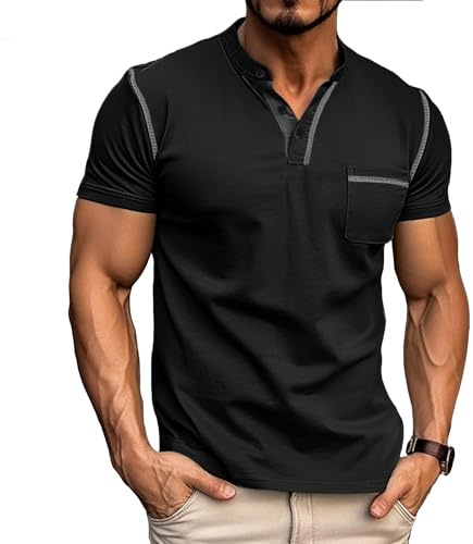 Tee Shirt Homme Coton Henley T-Shirts à Manches Courtes Col Tunisien et Boutons Basic Tee Légére Top pour Homme Noir L