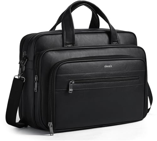 Shrrie läder messengerväska för män och kvinnor 43 cm läder laptopväska, vattentålig stor axelväska kontor, arbete, Svart, Medium to Large, Klassisk