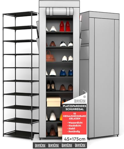 VertiCase Schuhregal mit 10 Ebenen Schuhschrank Hoch Platzsparend Grau 45x175x28cm - Schuhschrank Stoffschrank mit Staubschutzhülle - für Sportschuhe und Hohe Absätze im Innen- und Außenbereich