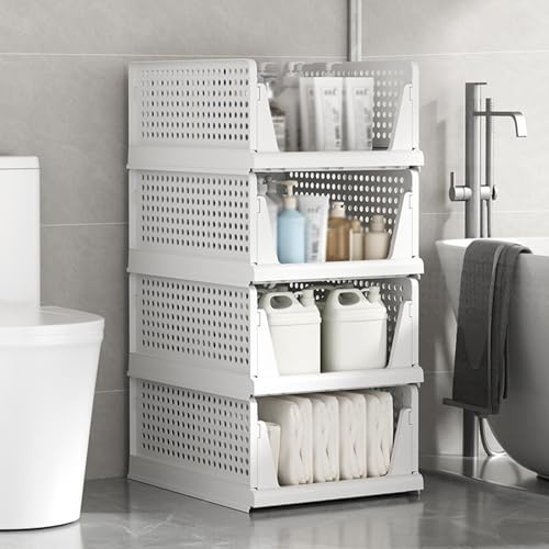 Set di 4 grandi organizzatori portaoggetti pieghevole, impilabile, in plastica, cassetto scorrevole per camera da letto e bagno, 33,5 x 43 x 72 cm, colore bianco