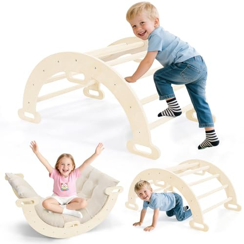 nmoiww Struttura da Arrampicata per Bambini 3 in 1, Scala da Arrampicata in Legno per Bambini con Cuscino Accogliente, Palestra da Gioco Montessori per Interni (Colore Naturale-2.5cm)