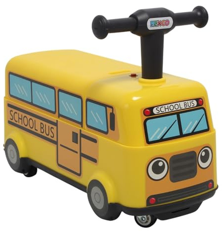 Rexco Ride On Yellow School Bus Childrens Kids Toy Push Along Walker Car Foot To Floor Interactive Music Light Sound Baby Toddler Infant Vehicle