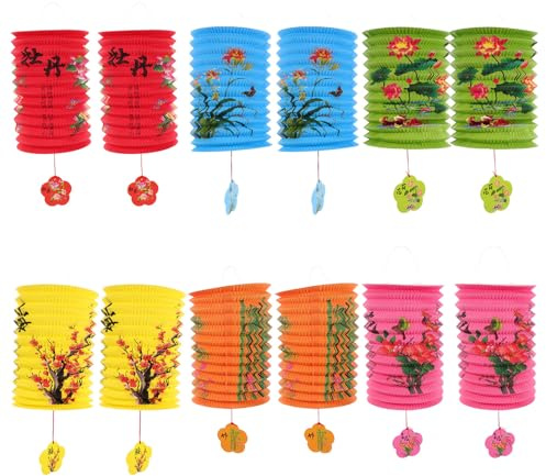 HYTROVE Linternas de Papel Chinas Portátiles Diseño Acordeón y Patrón Floral Multicolor para Decoración Colgante en Festivales de Primavera y Año Chino, Pack de 12