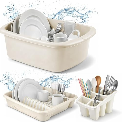 Ploutos World Wide Washing Up Bowl Set of 3 – Rectangular Plastic Sink Bowl with Cutlery Holder Caddy and Dish Drainer Rack, Kitchen Sink Organiser Accessories (Cream)