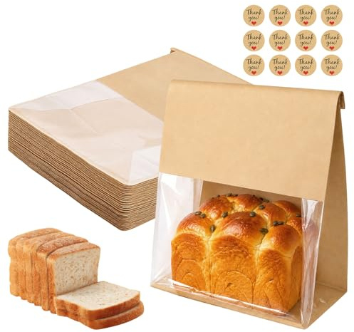 50 st. brödpåsar papper stor 22 x 28 x 11 cm brödpåsar papper med fönster rostat bröd påsar bruna brödpåsar papperspåsar med klistermärken för hemmagjort bröd, surdeg, limb, kakor