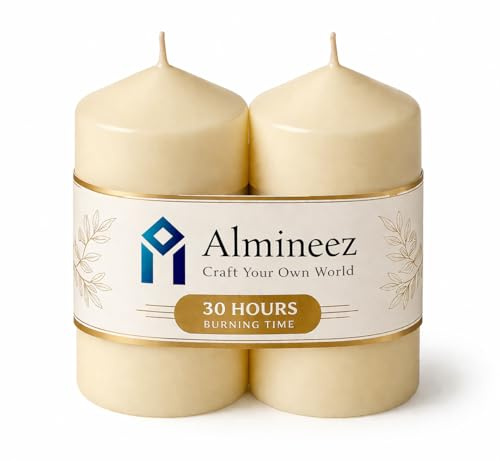 Almineez Set of 2 Ivory Pillar Candles – 30 Hour Long Burn Time, Smokeless & Dripless, Perfect for Home Décor, Weddings & Events