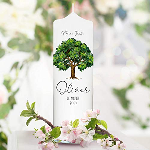 Wandtaoo Loft Taufkerze + Patenkerze Junge oder Mädchen Lebensbaum Eiche Baum - Taufe, Geburt Kommunion weiß 25 x 7 cm mit Name, Datum, Taufspruch / / Taufkerze 25 x 7 cm