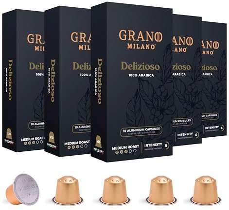 Grano Milano Delizioso Coffee Capsules - 50 Aluminium Coffee Pods Compatible with Nespresso Original line,100% Arabica Medium Roast - Intensity 6/12, Made in Italy