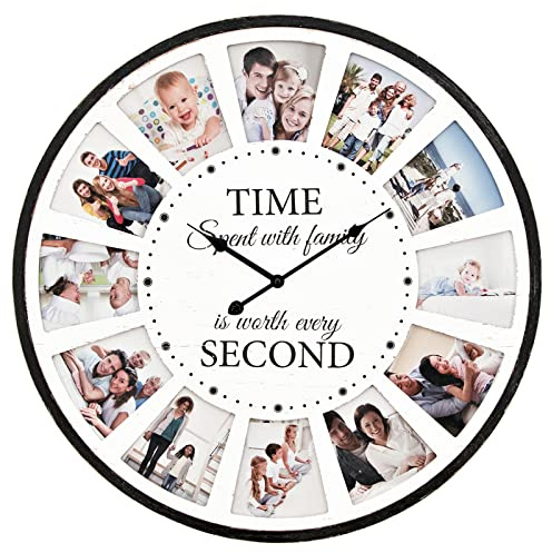 JUMBO HUMBLE 12 Photo Collage Family Wood Wall Clock, Rustic Farmhouse Wall Clock, Large Oversized Wall Clocks for Home, Kitchen, Living Room, Silent Battery Powered 24 Inch White