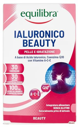 Equilibra Integratori Alimentari, Ialuronico Beauty, Integratore con Acido Ialuronico a Basso Peso Molecolare con Coenzima Q10, Aiuta a Contrastare i Fattori di Invecchiamento Cutaneo, 30 compresse