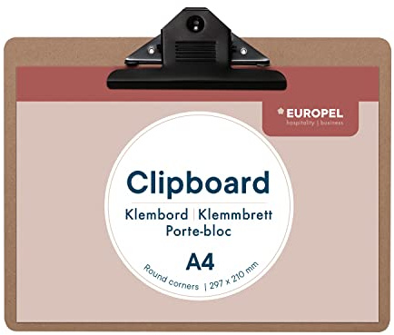 Portablocco in legno A4 orizzontale, MDF 3 mm, clip metallica nera 143 mm | 310 x 235 mm, foro per appendere, superficie liscia, solo interni, aula, negozio, ristorante, magazzino