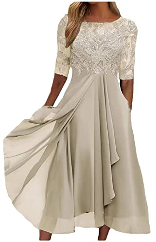 Vimoli Robe de Cocktail Femme Taille Haute Robe de Soirée Bal en Dentelle Mousseline Chic Col en V Manche Courte Demoiselle Honneur pour Fête Cérémonie Anniversaire Mariage Robes(F Or,XL)