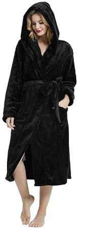 HEARTNICE Albornoz de forro polar para mujer con capucha, bata de felpa suave, bata de baño para mujer, mullido y dulce, bata larga, Negro , L-XL