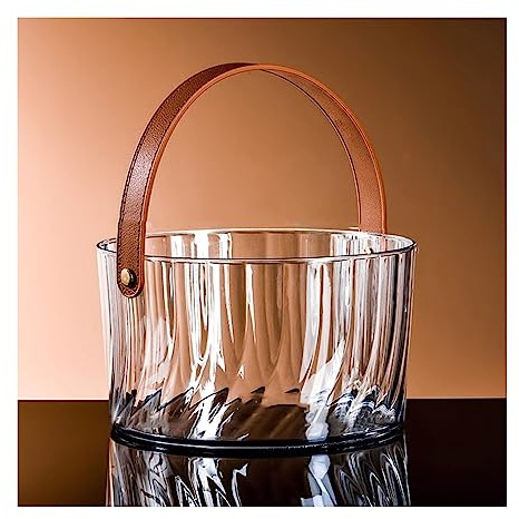 Bar Buckets Plastic Ice Buckets with Brown Leather Handle Clear Wine Bucket Round Champagne Bucket Wine Cooler Bucket Portable Party Tubs for Drinks Chiller Bin for Beer Bottle Ice Bucket