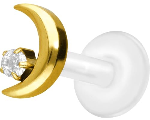 PIERCINGLINE PTFE Labret mit Gewinde + Titan-Aufsatz MOND + KRISTALL Piercing Lippe Nase Ohr Helix Tragus Medusa 1,2x5 mm Goldfarben