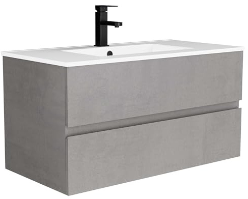 UEV Tvättbord med underskåp, tvättställsunderskåp 90 cm, hängande med 2 lådor, mjukt stängningssystem, tvättplats, toppmonterat tvättställ, badrumsmöbler för gäster, toalett, mörkgrå