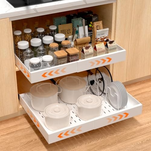 BORISI Cassetto Estraibile Cucina,Cassetti Estraibili per Cucina con Larghezza Regolabile 43-68 cm, Rinforzato in Acciaio al Carbonio, Installazione Senza Fori, 1 pezzo, Con componenti, Bianco
