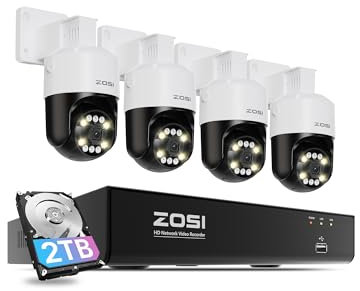 ZOSI 4K Pan/Tilt PoE CCTV Camera System with Person/Vehicle/Pets Detection, 8 Port 16CH 8MP NVR 2TB HDD, 4pcs 5MP PoE Security Cameras Outdoor, Color Night Vision, 360° Auto Tracking, 2-Way Audio