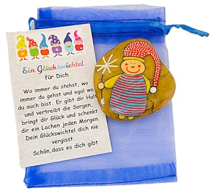 Andys Steinwelt® Wichtel Stein ca. 5 cm mit Namen personalisierbar, Handschmeichler Glücksstein mit Geschenkkarte, Glücksbringer für Kinder & Erwachsene (Inklusive Organza-Säckchen) 412