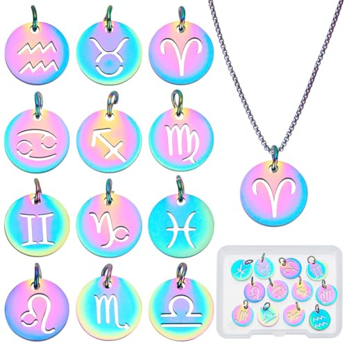 WADORN Charm Anhänger Aus Edelstahl Mit 12 Sternbild, 12 Stück Flache Runde Regenbogen Anhänger Mit Sternzeichen 12mm Bunte Zwölf Sternbild Verbindungsstücke Für DIY Halsketten Armbänder Ohrringe