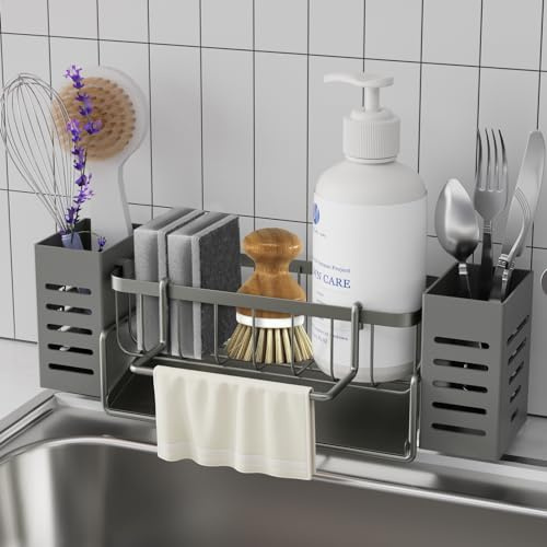 Bellovero Spülbecken-Organizer, Edelstahl Küchen-Organizer mit selbstentleerender Ablaufwanne, Handtuchhalter und Aufbewahrungsbox für Spülbürsten, Organizer für Küche und Badezimmer,Grau