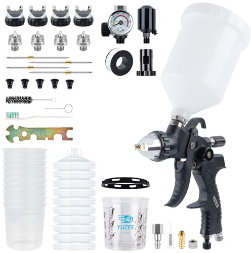 YUZES HVLP Spray Gun Kit – 4 Nozzles (1.4/1.7/2.0/2.5mm), Auto Paint Gun for Cars, Furniture & DIY, 10 Disposable Paint Cups & 600ml Mixing Cup with Ratio, Oil-Water Filter & Air Regulator