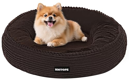HMTOPE Hundbädd för små hundar, kattbädd, tvättbar, mysig hundkudde, rund hundkorg, donut, hundsoffa, avtagbar och antiskid, Ø 60 cm, brun