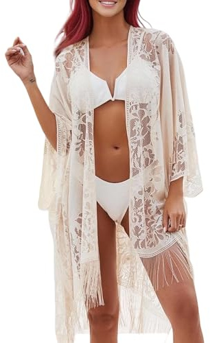 Sahunfri Elegant Lace Beach Coverups for Women, Long Flowy Swimsuit Cover Up Dress, Lightweight Bathing Suit Coverup for Poolside, Plus Size (90x120cm) (UK, Alpha, One Size, Regular, Regular, Beige)