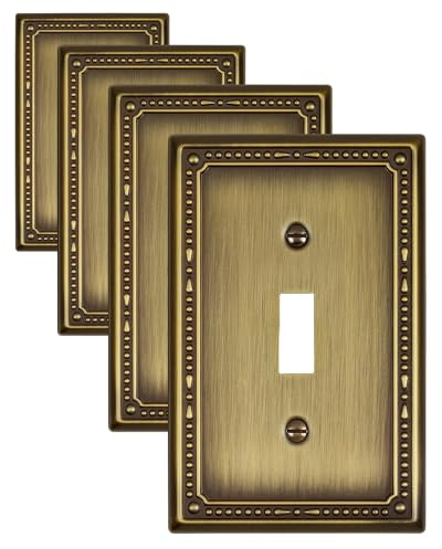 ZILLSEA 4-Pack Antique Brass Light Switch Cover Plates, 1 Gang Metal Switch Plate Covers, Decorative Pearl Design, 3.15''*4.88'', Midsize