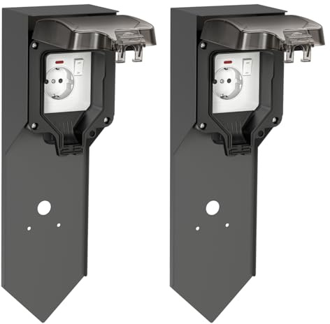 ledscom.de 2 pièces Colonne de Prises de Courant de Jardin POXO avec Piquet de Terre pour l'extérieur, IP65, 1x, Acier Inoxydable, Anthracite/Noir, carré, 40 cm