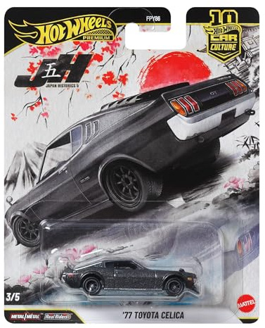 Hot Wheels Premium Car Culture 1977 Toyota Celica | 1:64 Die-Cast-Spielzeugauto aus Japan Historics Collection mit Real Riders Reifen, Metallkarosserie & -chassis, JKD98