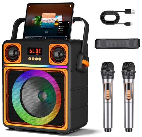 Karaoke Maschine mit 2 Mikrofone, GuKKK Tragbaren Bluetooth Lautsprecher Box und DJ-Lichtern für Erwachsene und Kinder, Karaoke Anlage Unterstützt TF/USB, FM, AUX in, TWS für Party, Geburtstag, Reisen